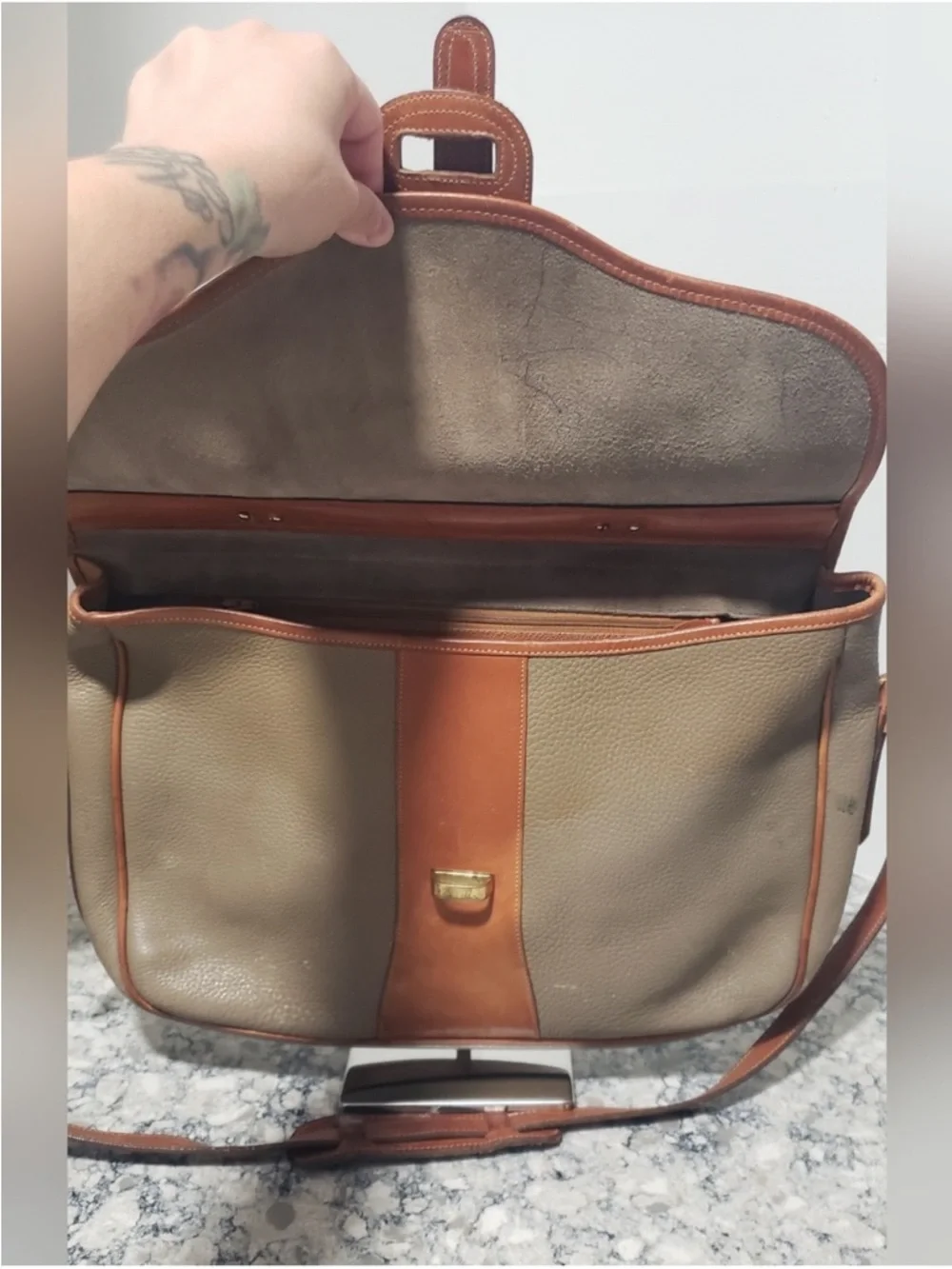 Dooney & Bourke Vintage All weather Taupe and Tan Two-Tone Leather Briefcase
